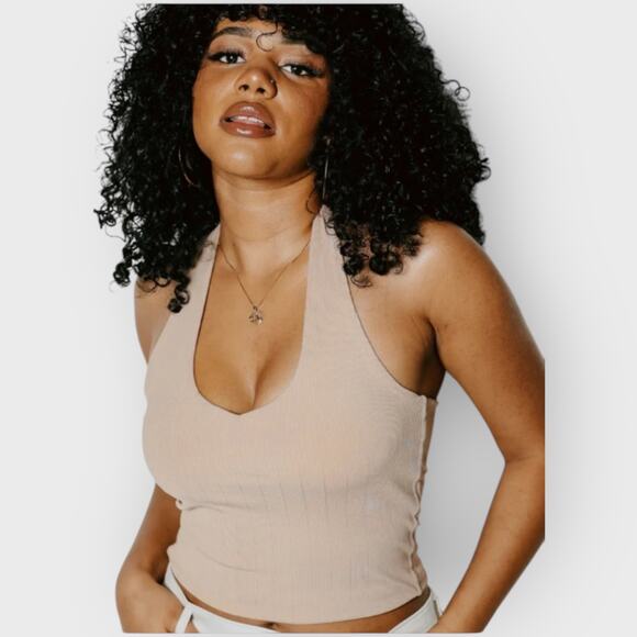 Klassy Network Large V-Neck Crop Top Tan Built-in Bra Halter Loungewear Casual - Picture 2 of 7